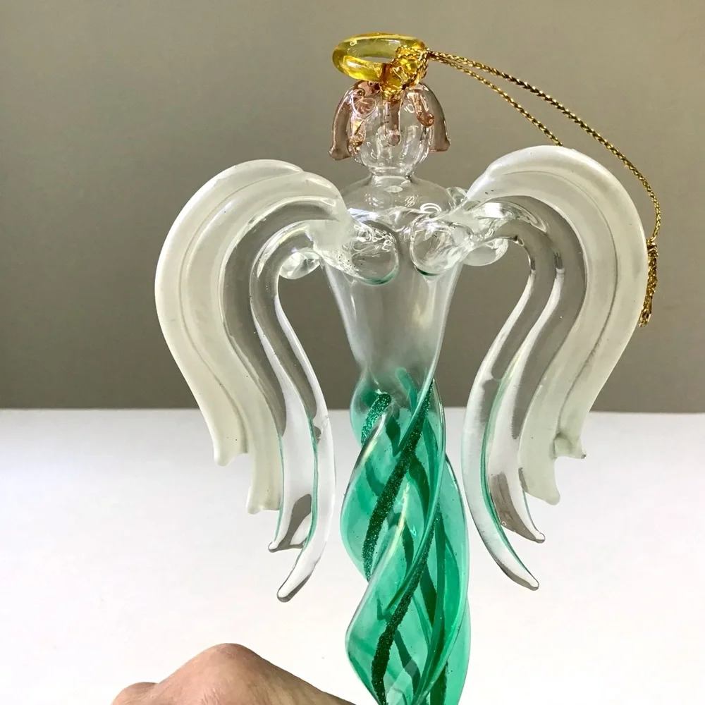 Angel Icicle Christmas Ornament Green Glitter Twisted Swirl Acrylic Wings Horn